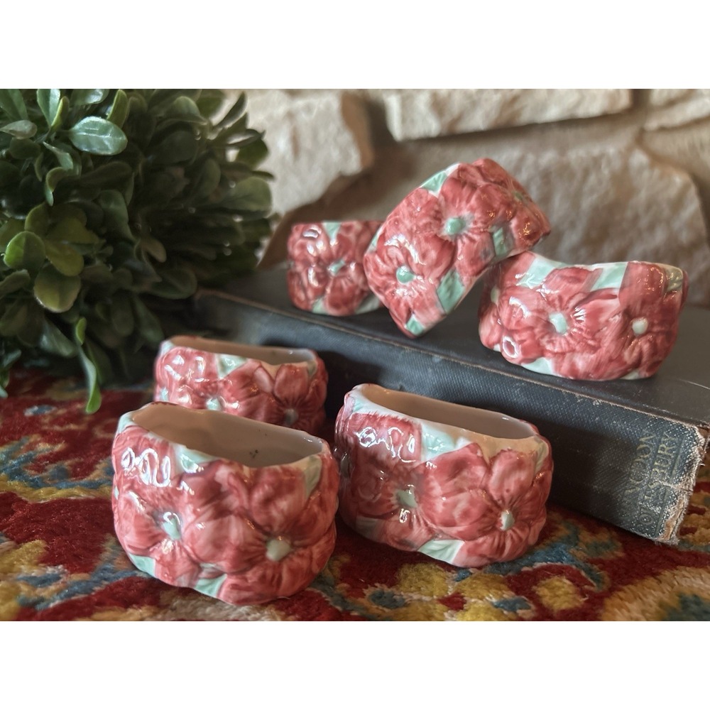 6 Vintage Ceramic Pink Floral Napkin Rings Easter Spring Oval Table Decor Set